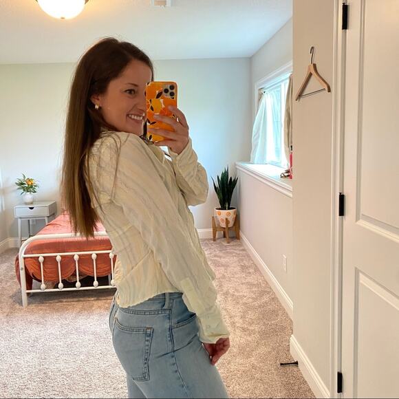 Johnny Cotton Pastel Yellow Blue Metallic Stripe Button Front Top Blouse 2 - Picture 6 of 14